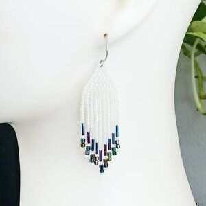 Hematite Beaded Fringe Cascade Dangle Earrings, Rainbow Earrings, 2.5"